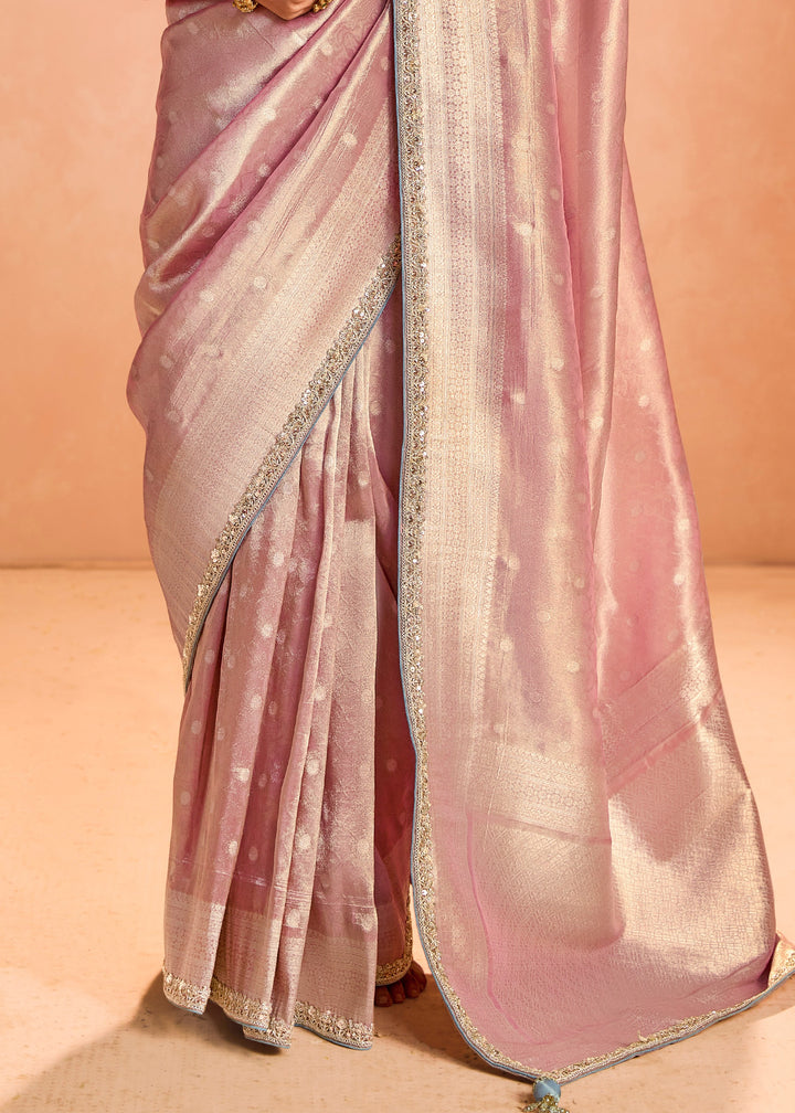 Blush Pink Zari Tissue Silk Saree With Weaving Work And Heavy Embroidery Lace : Top Pick