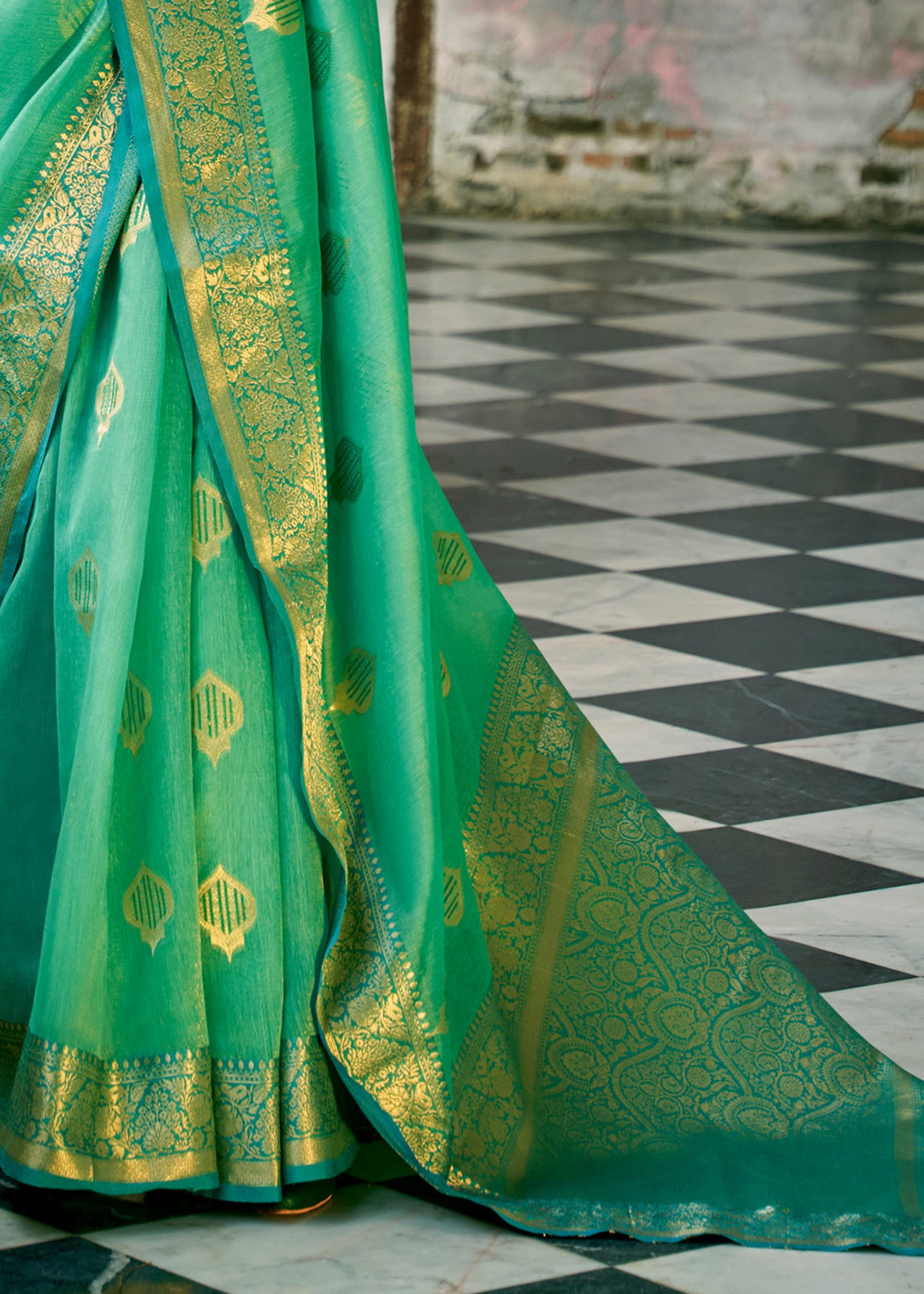 Persian Green Soft Tissue Silk Saree With Contrast Border