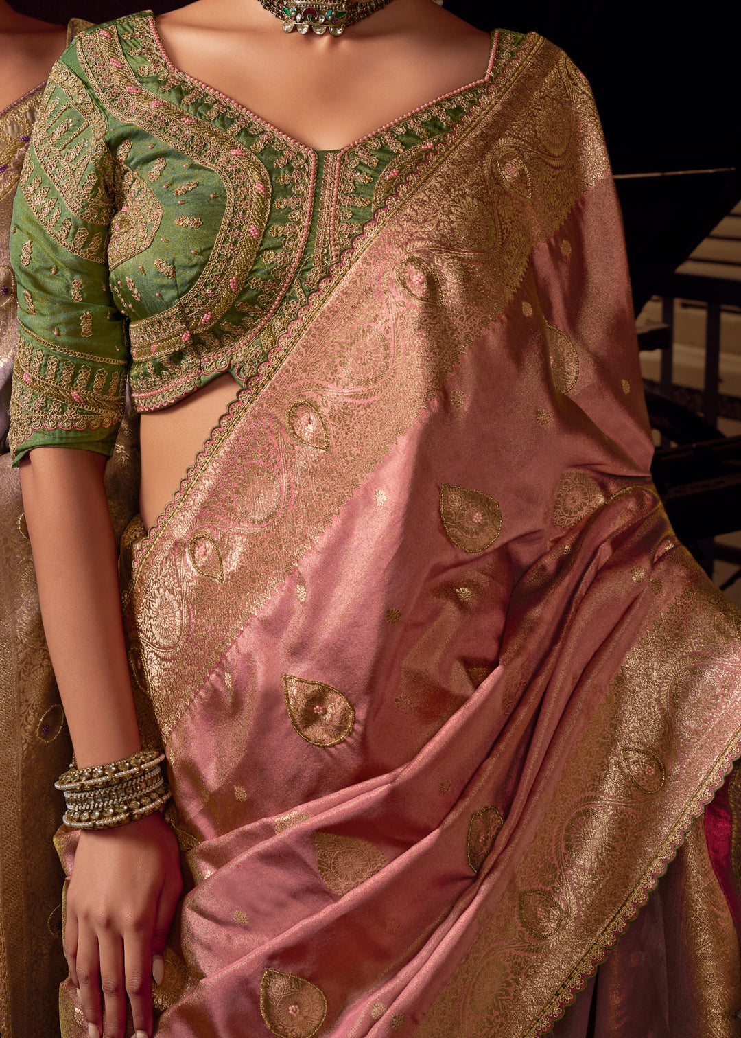 Shades of Pink Viscose Tissue Silk Saree with Handworked Pallu And Contrast Designer Blouse