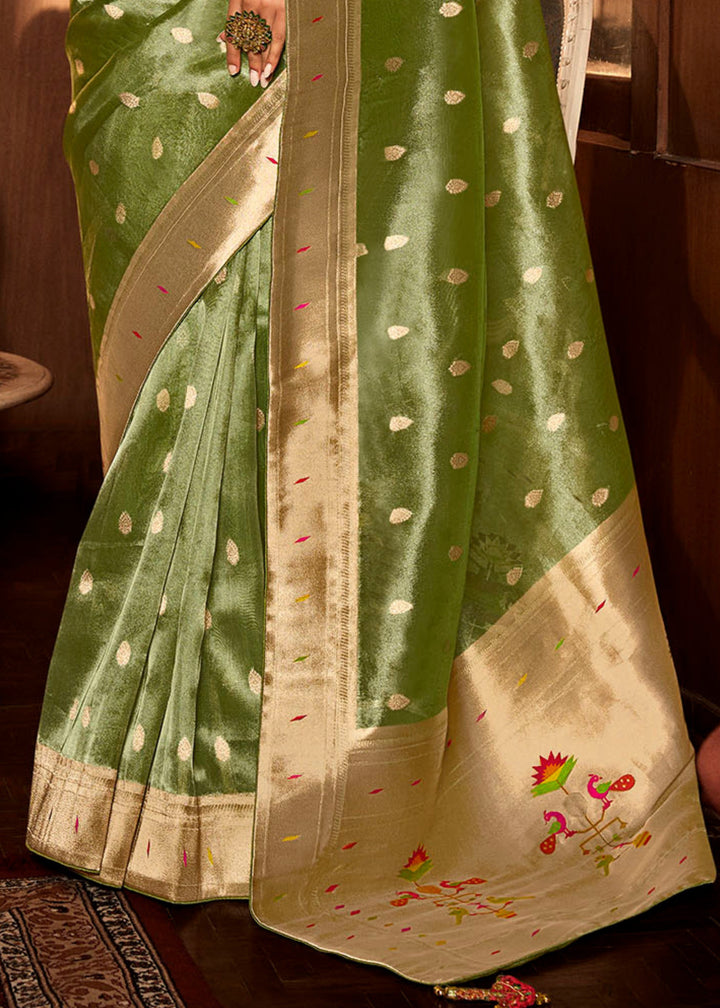 Pear Green Pure Tissue Paithani Silk Saree with Heavy Designer Embroidered Blouse