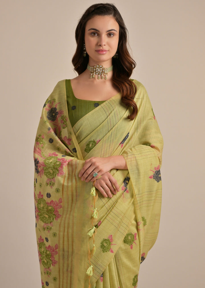 Pista Green Thread Woven Cotton Saree With Contrast Blouse