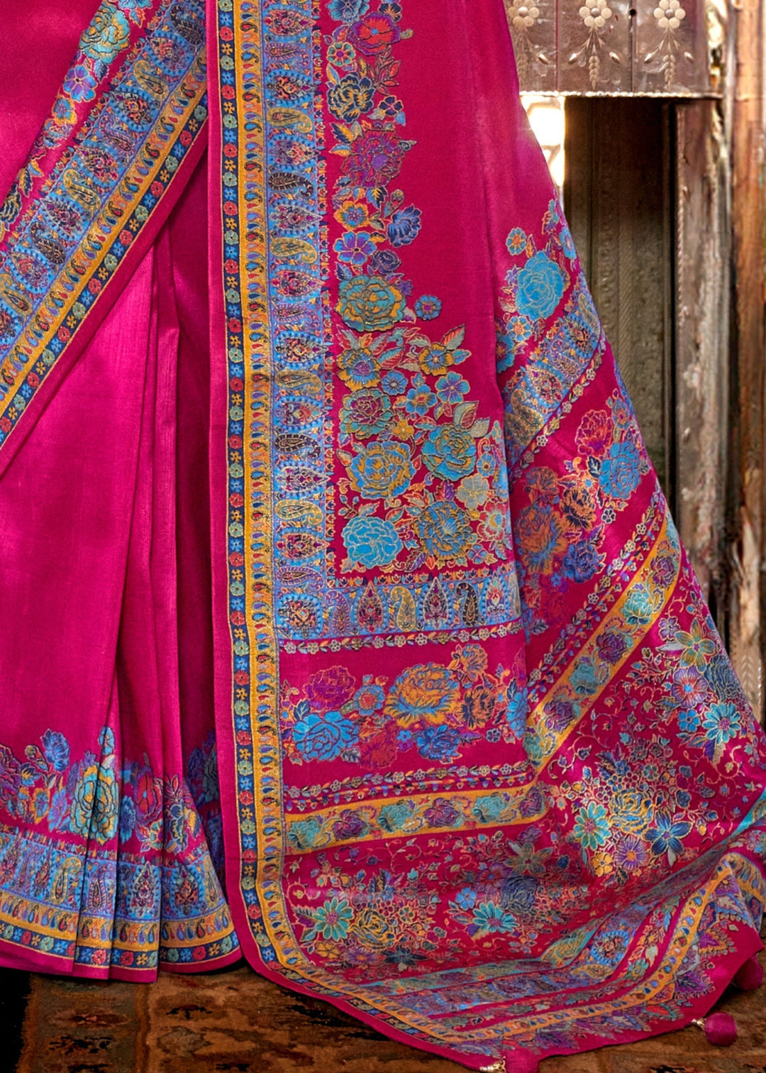 Fuchsia Pink Silk Saree With Luxury Print And Glory Finish