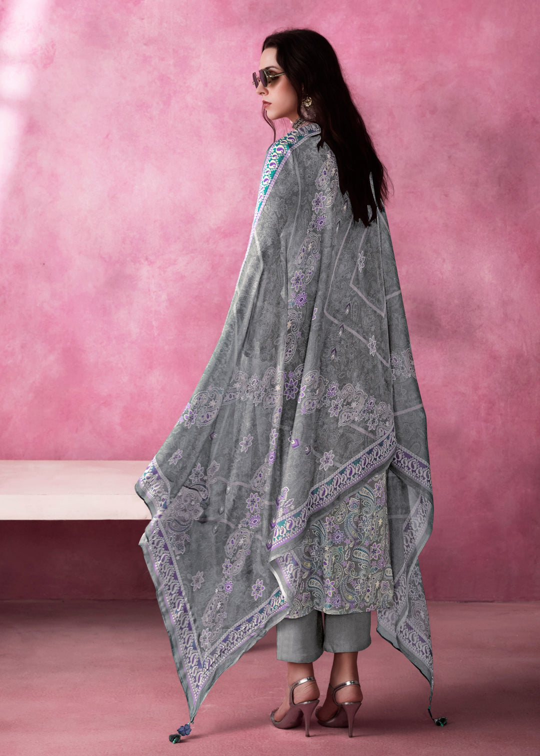 Grey - Purple Pure Muslin Salwar Suit