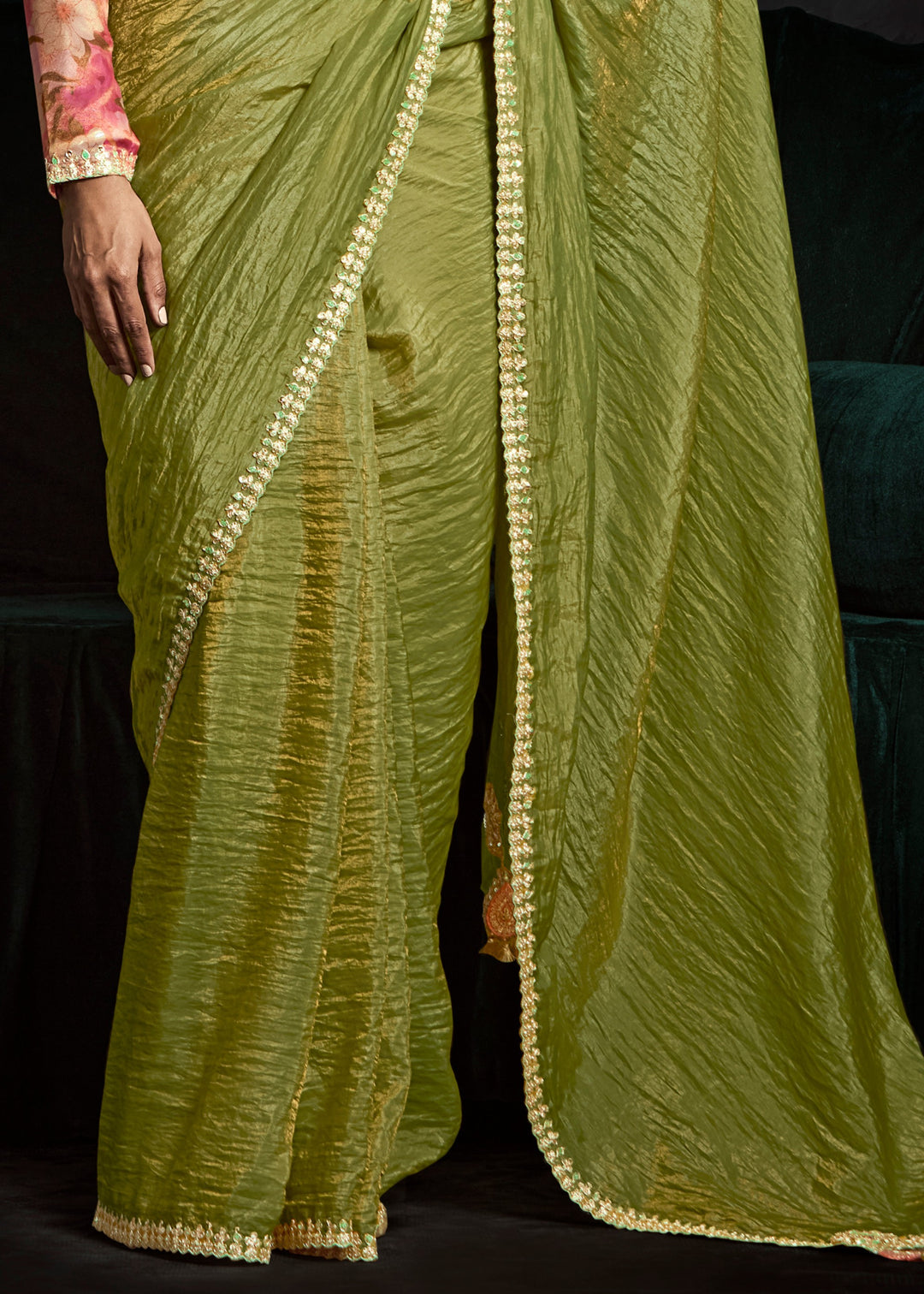 Kelly Green Fancy Fabric Silk Saree With Sequins And Thread Embroidered Butti Work