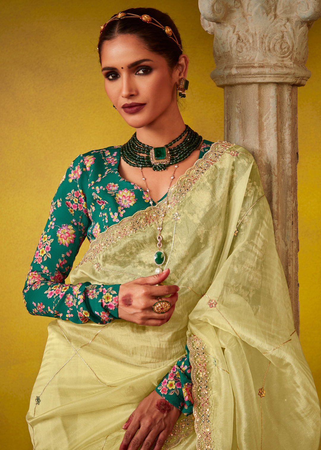 Lemon Yellow Glass Tissue Silk Saree With Sequins And Thread Embroidered Work