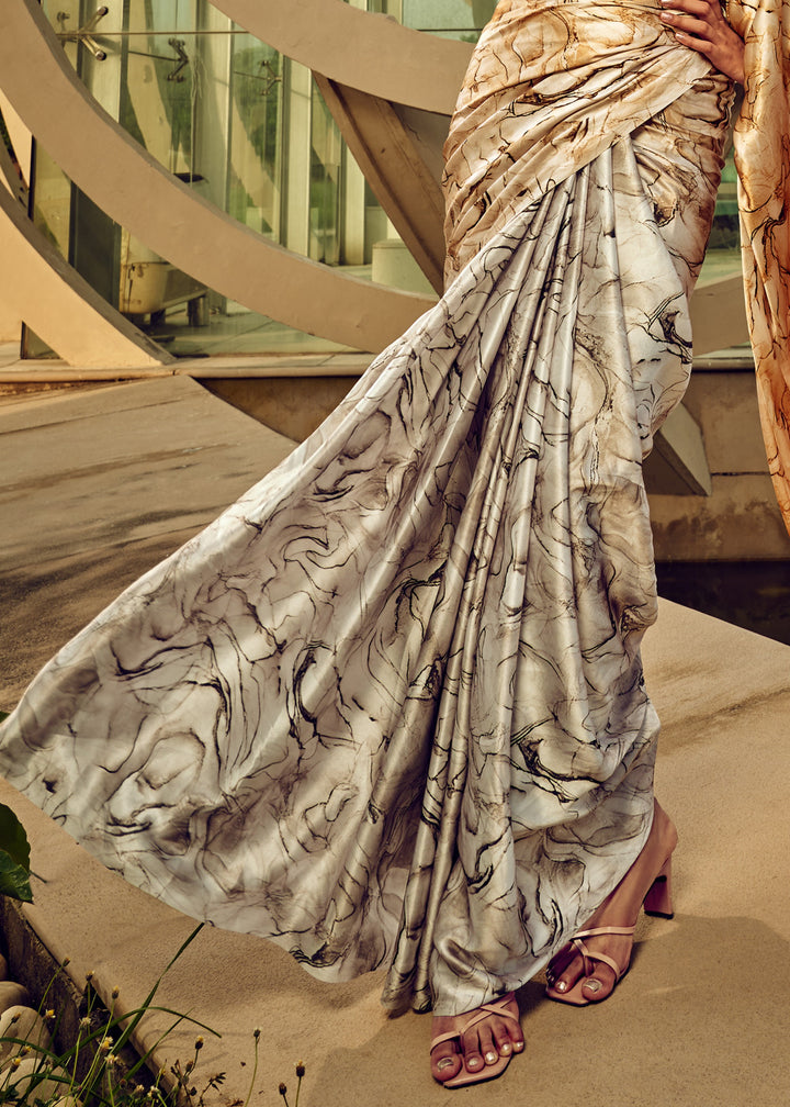 Off-White Satin Digital Printed Saree