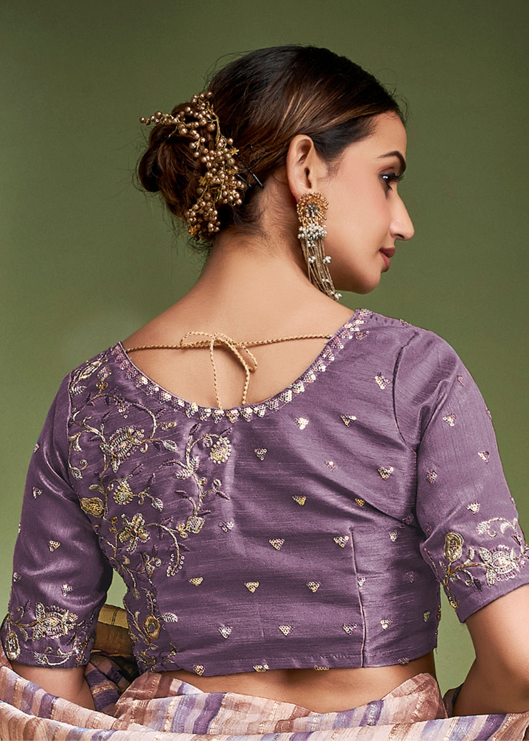 Periwinkle Purple Tissue Based Fancy Silk Saree With Designer Blouse