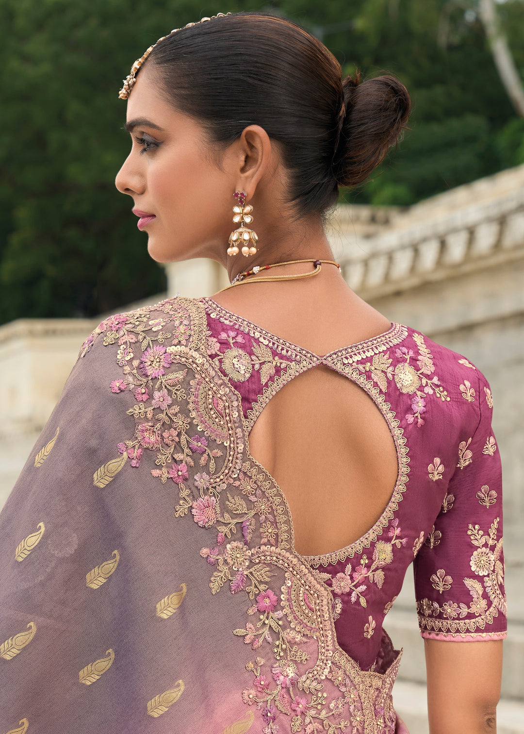 Mauve Purple And Pink Viscose Tissue Silk Saree With Embroidery Cut Work Border And Sequence Work