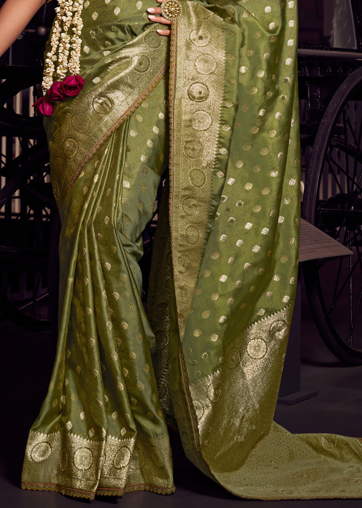 Green Viscose Tissue Silk Saree with Handworked Pallu And Contrast Designer Blouse