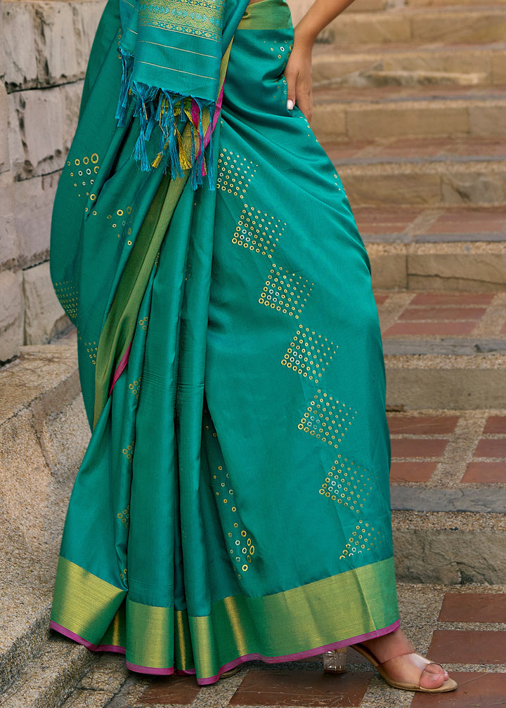 Light Green Handloom Weaving Satin Silk Saree