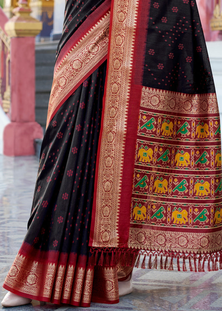 Midnight Black Tusser Handloom Silk Saree With Zari Weaving Border & Patola Weaved Pallu