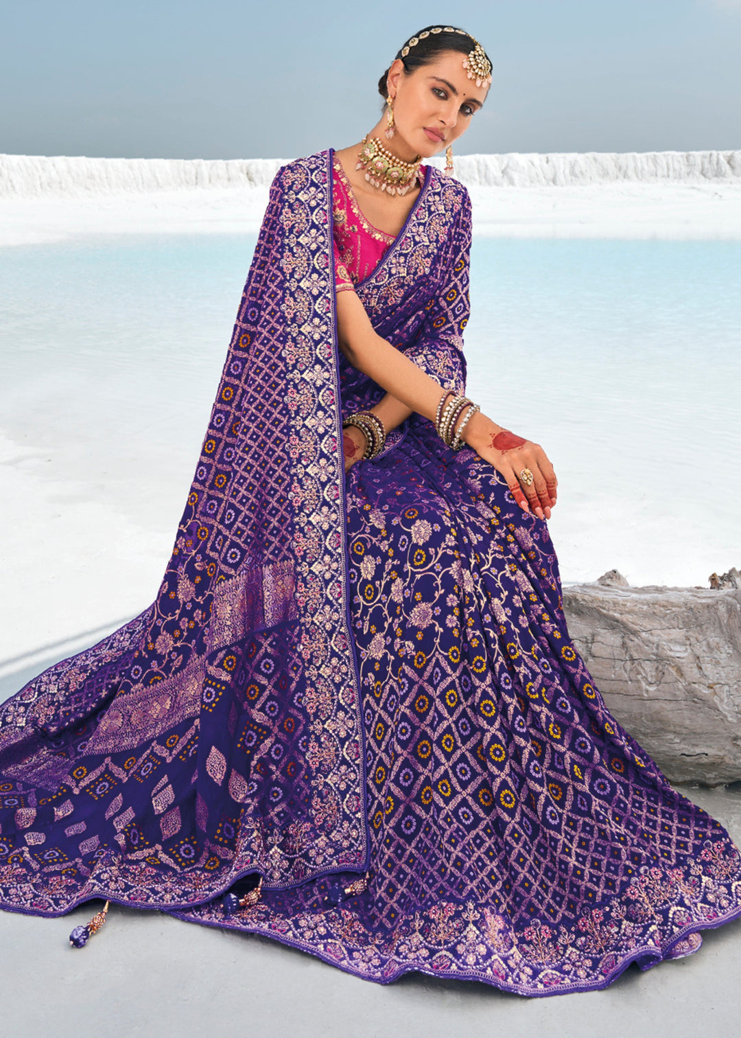 Indigo Blue Pure Georgette Bandhani Patola With Zari Weaving Heavy Work Saree