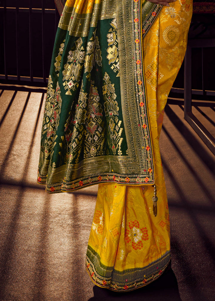 Mustard Yellow Pure Viscose Dola Silk Saree With Handwork On Blouse And Pallu