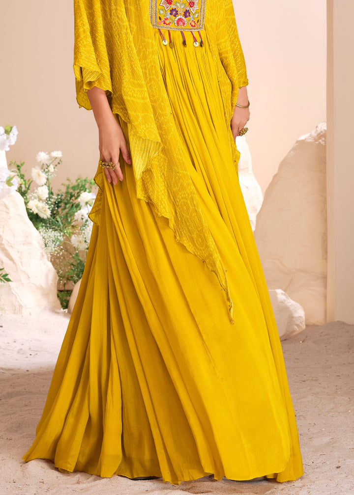 Aureolin Yellow Moti Embroidered Chinon Silk Gown With Digital Sleeves