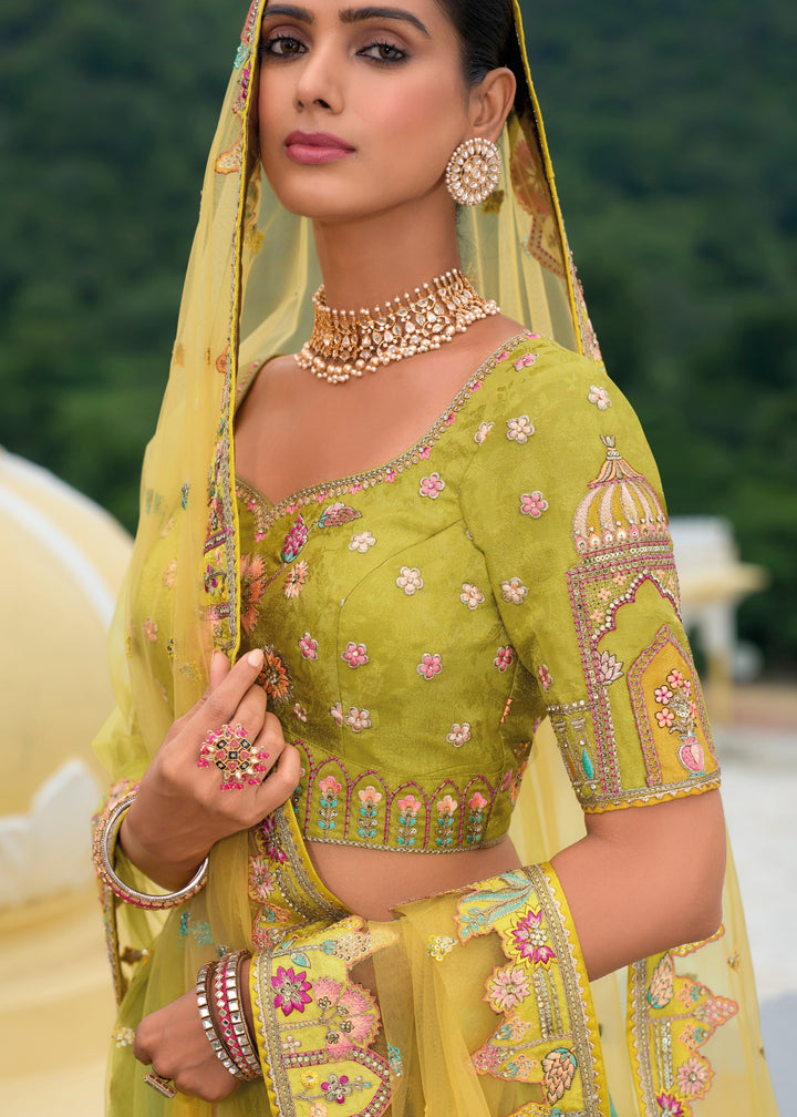 Lime Green Banarasi Silk Lehenga With Heavy Embroidery Work