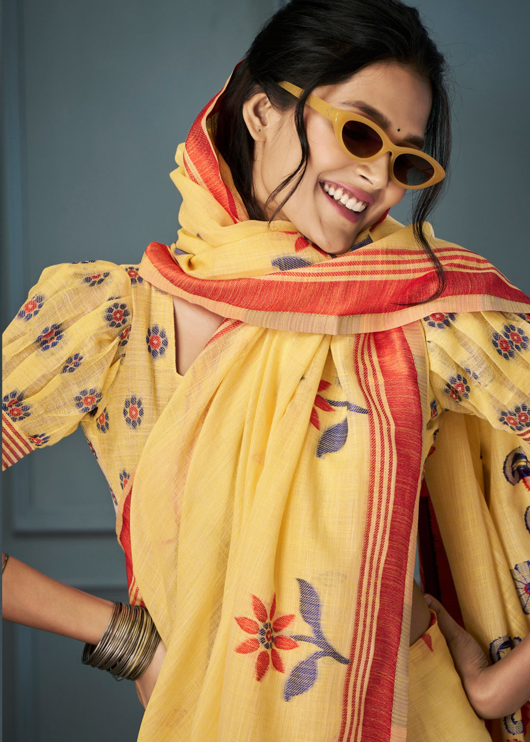 Bright Yellow Handloom Linen Silk Saree with Beautiful Weaving