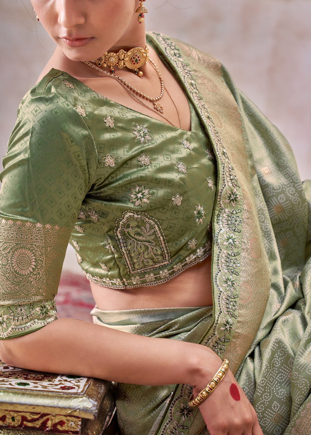 Sage Green Satin Silk Saree With Heavy Embroidery Lace & Blouse