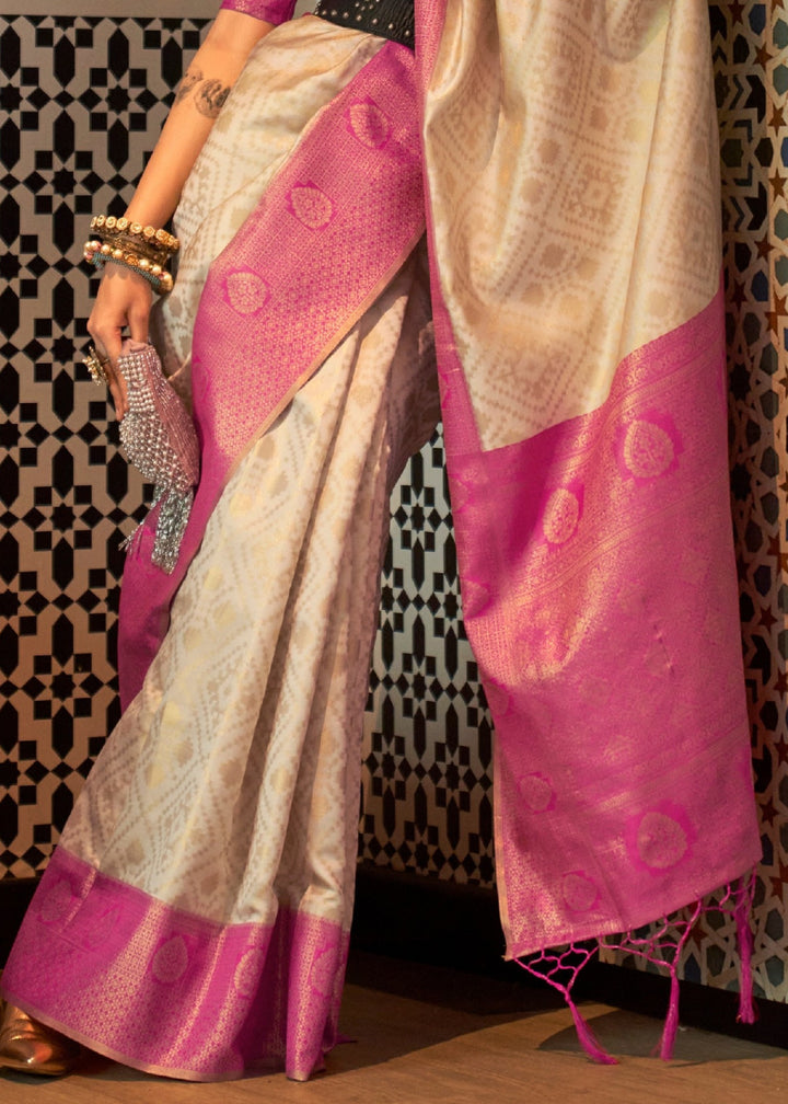 Off-White and Mulberry Silk Zari Base Chaap Handloom Weaving Saree