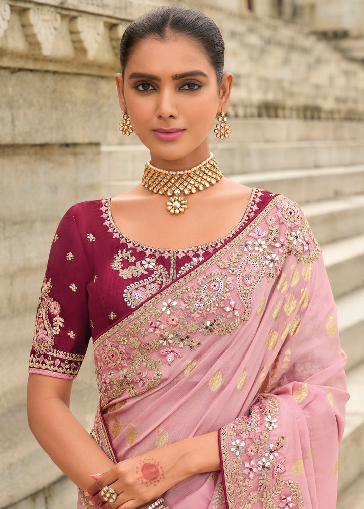 Light Pink Viscose Tissue Silk Saree With Embroidery Cut Work Border And Sequence Work