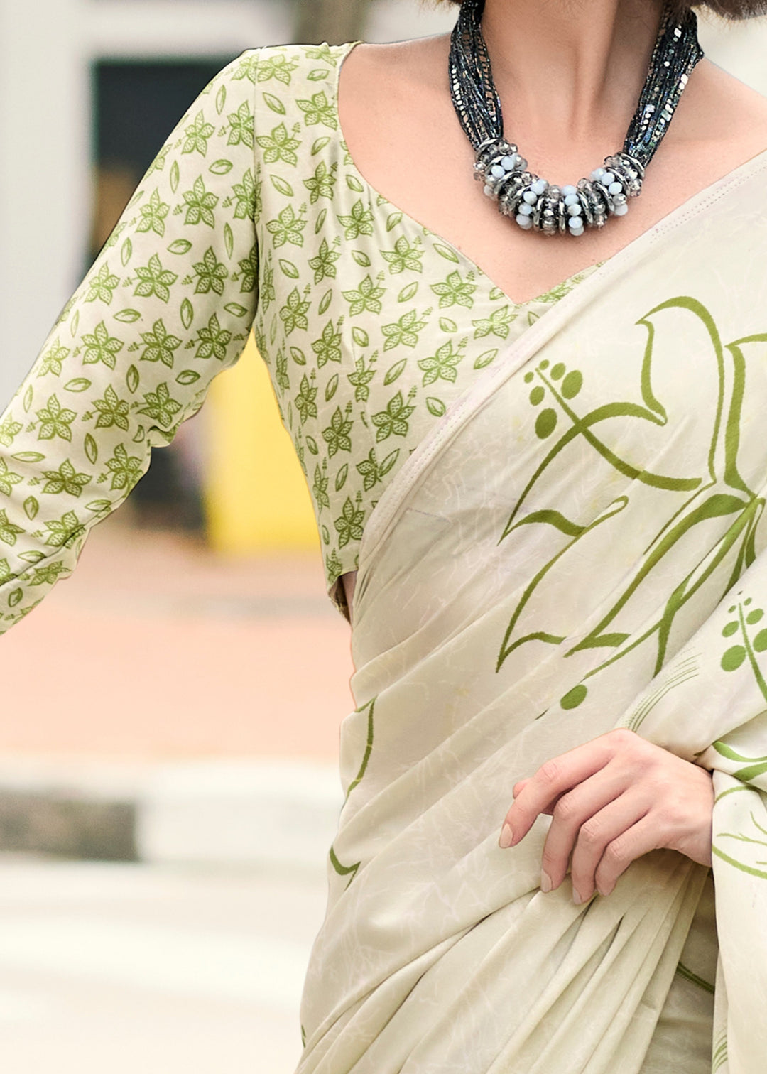 Pastel Green Printed Satin Silk Saree