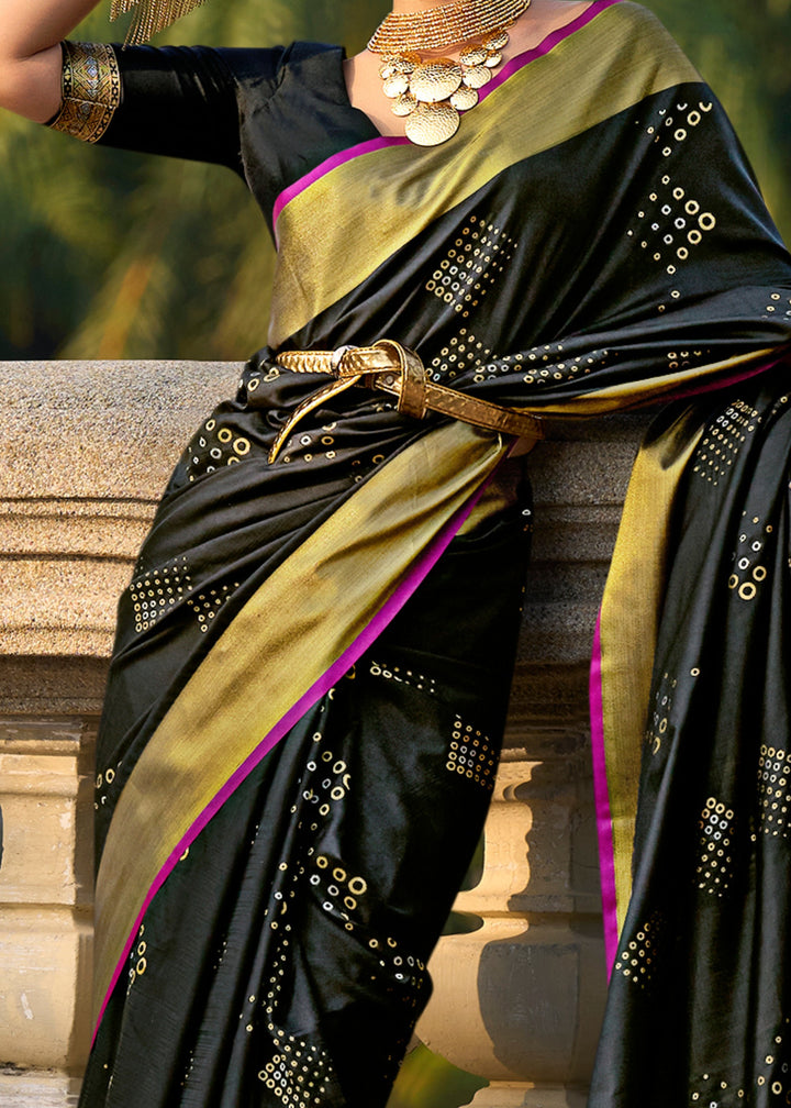 Black Handloom Weaving Satin Silk Saree