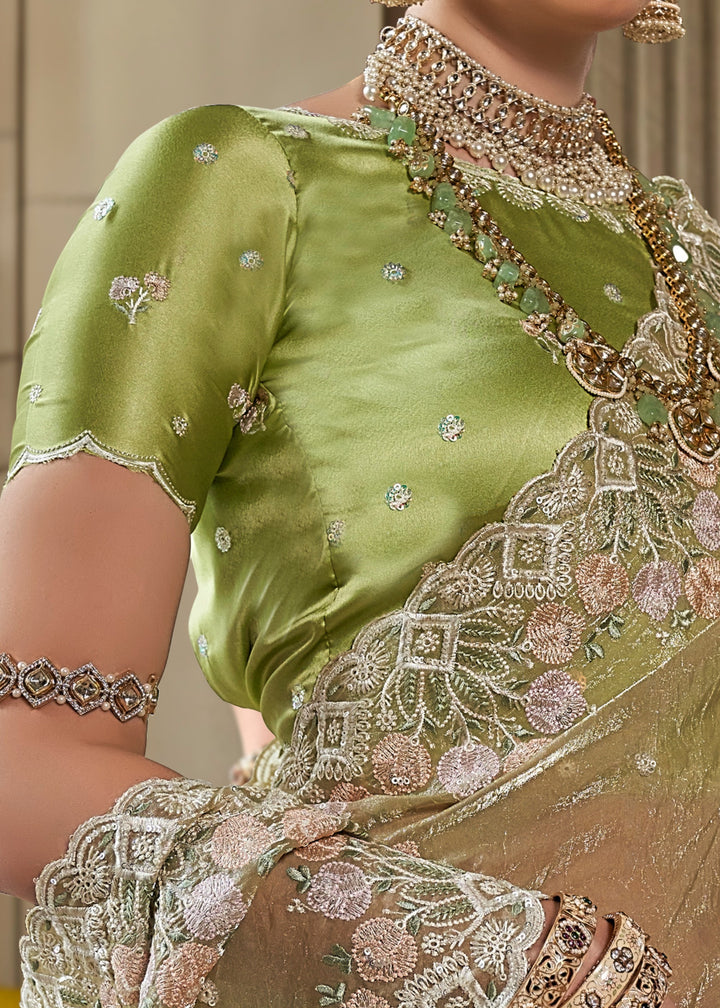 Lime Green Fancy Tissue Saree With Unique Work And Designer Blouse