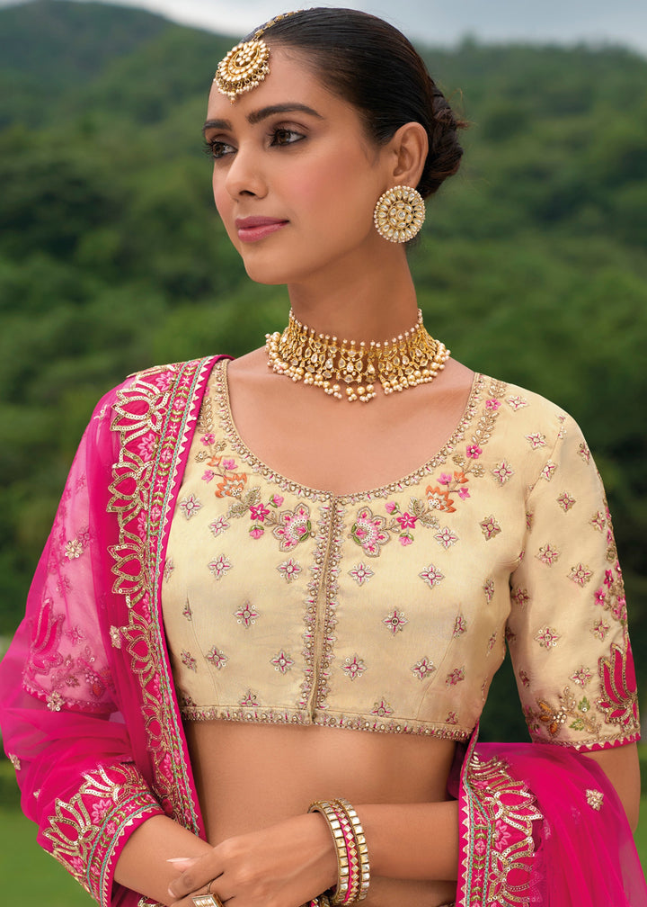 Off White And Pink Banarasi Silk Lehenga With Heavy Embroidery Work