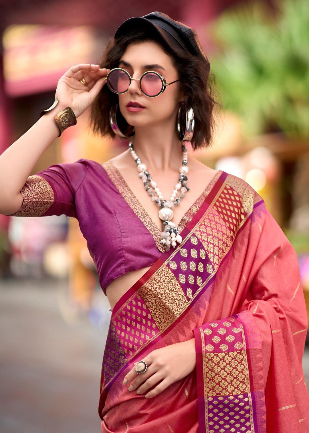 Vivid Peach Banarasi Silk Saree With Beautiful Contrast Border