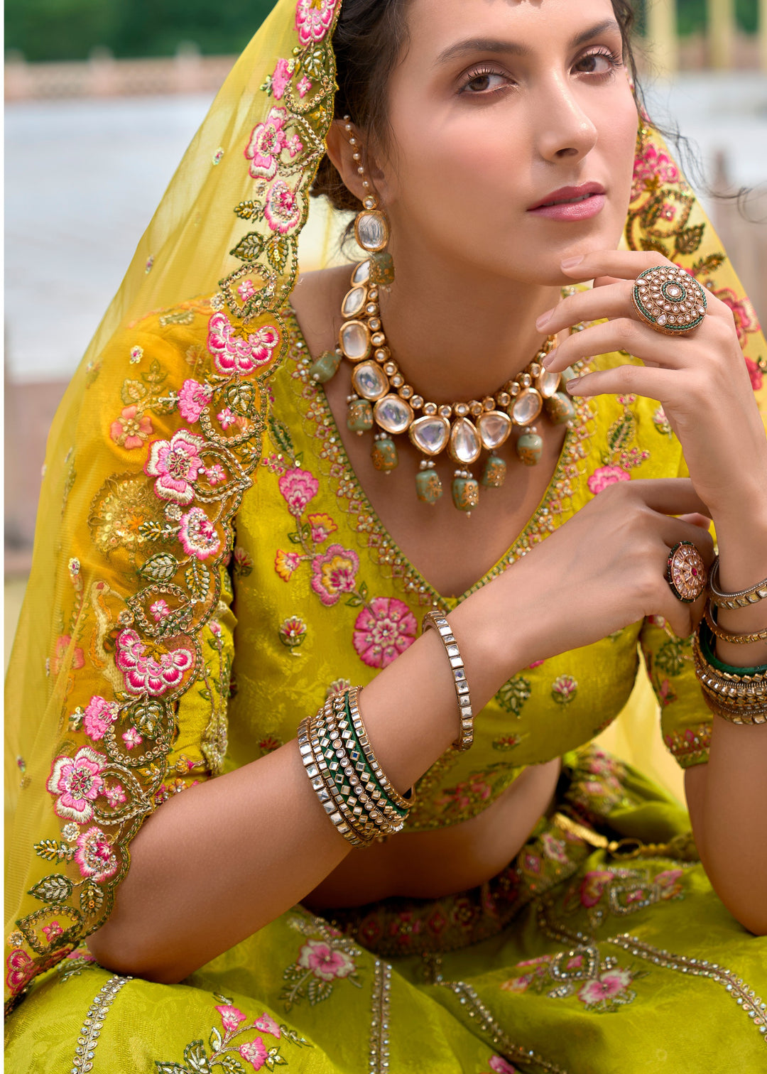 Cadmium Yellow and Green Viscose Tissue Lehenga Choli with Embroidery Work