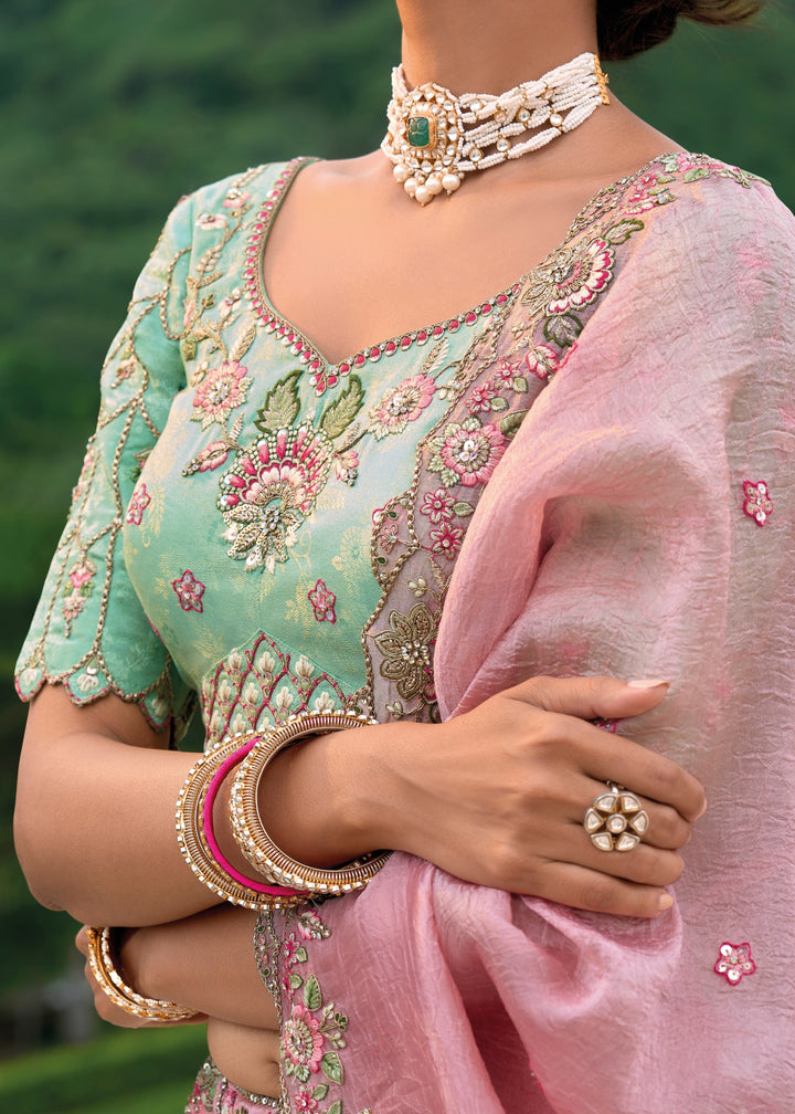 Mint Green and Pink Viscose Tissue Lehenga Choli with Embroidery Work