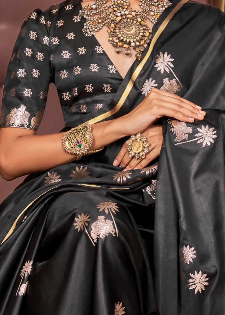 Black Pure Satin Handloom Weaving Silk Saree