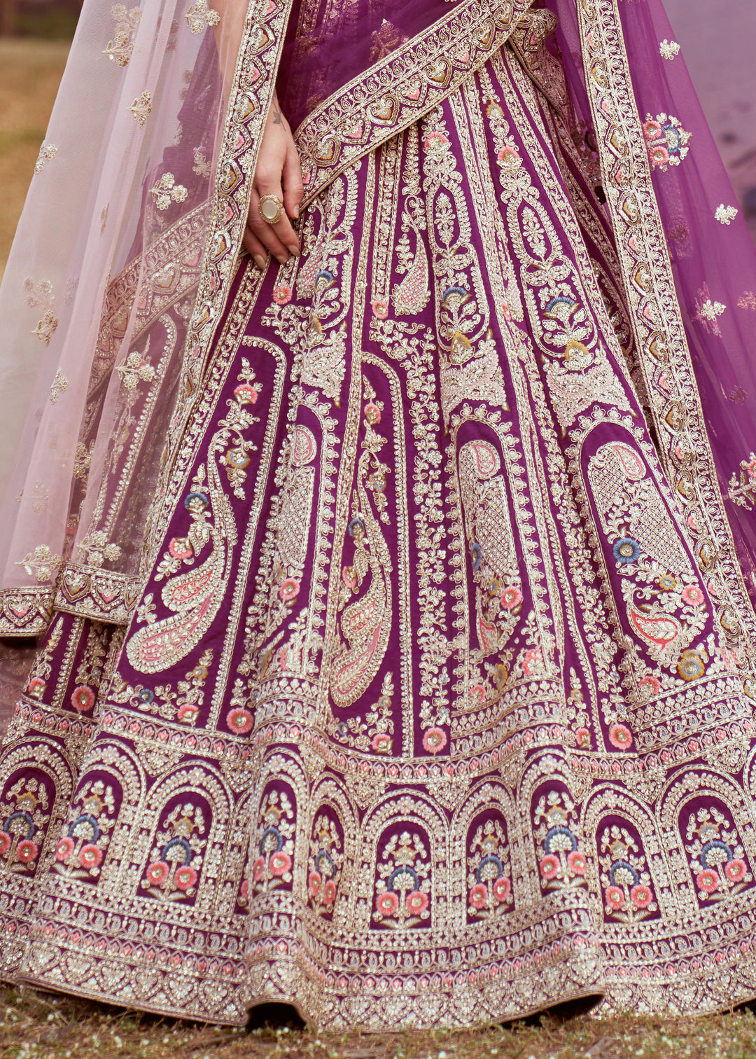 Purple Pure Silk Moti Coding Embroidery Bridal Lehenga