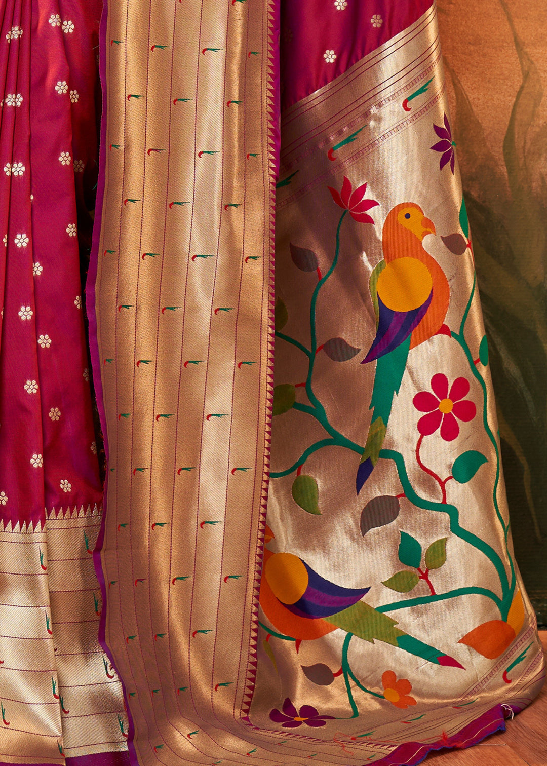 Burgundy Red Paithani Silk Saree With Zari Weaving