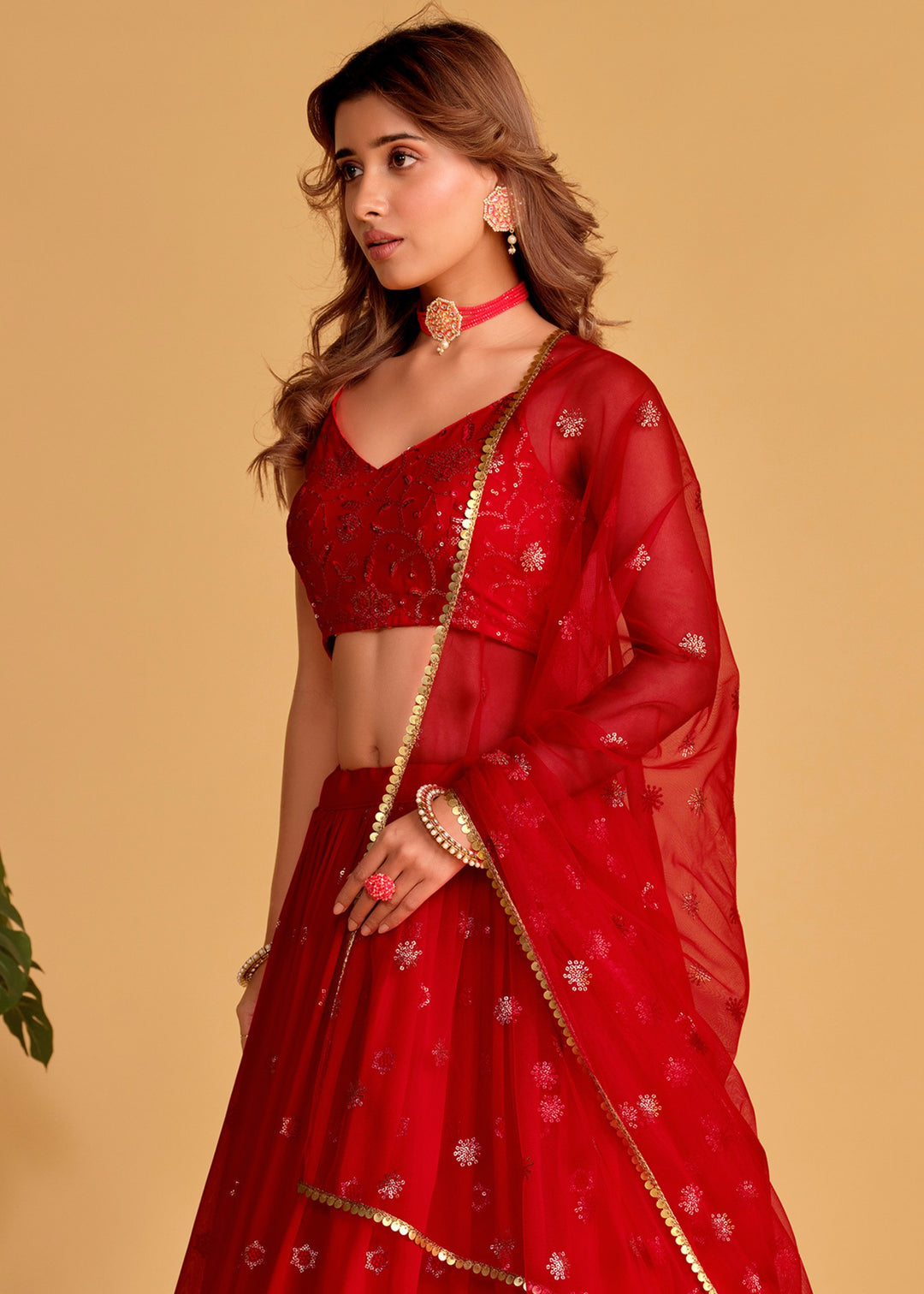 Crimson Red Georgette Lehenga Choli With Sequins Zari Embroidered Work