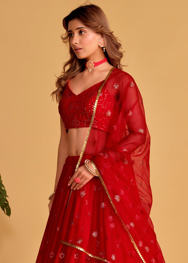 Crimson Red Georgette Lehenga Choli With Sequins Zari Embroidered Work