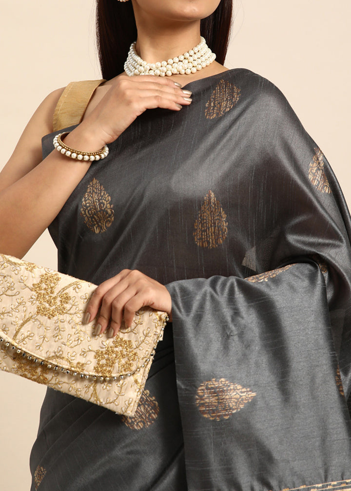 Shadow Grey Woven Handloom Raw Silk Saree