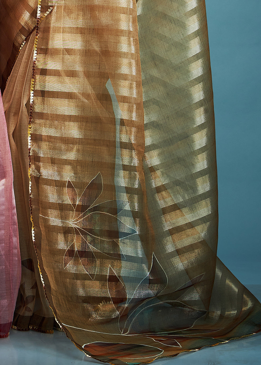 Olive Green Tissue Silk Saree With Floral Print