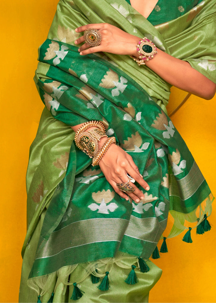 Green Tussar Handloom Weaving Silk Saree