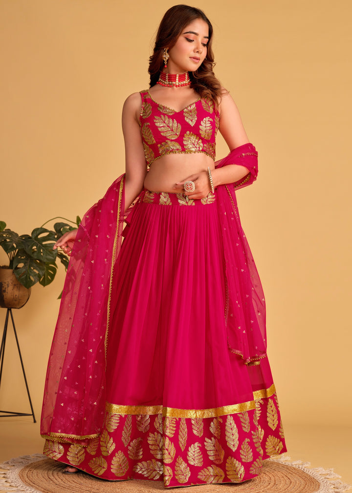 Cerise Pink Georgette Lehenga Choli With Sequins Zari Embroidered Work