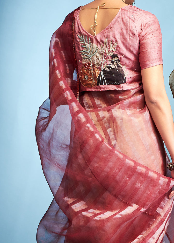 Candy Pink Tissue Silk Saree With Floral Print