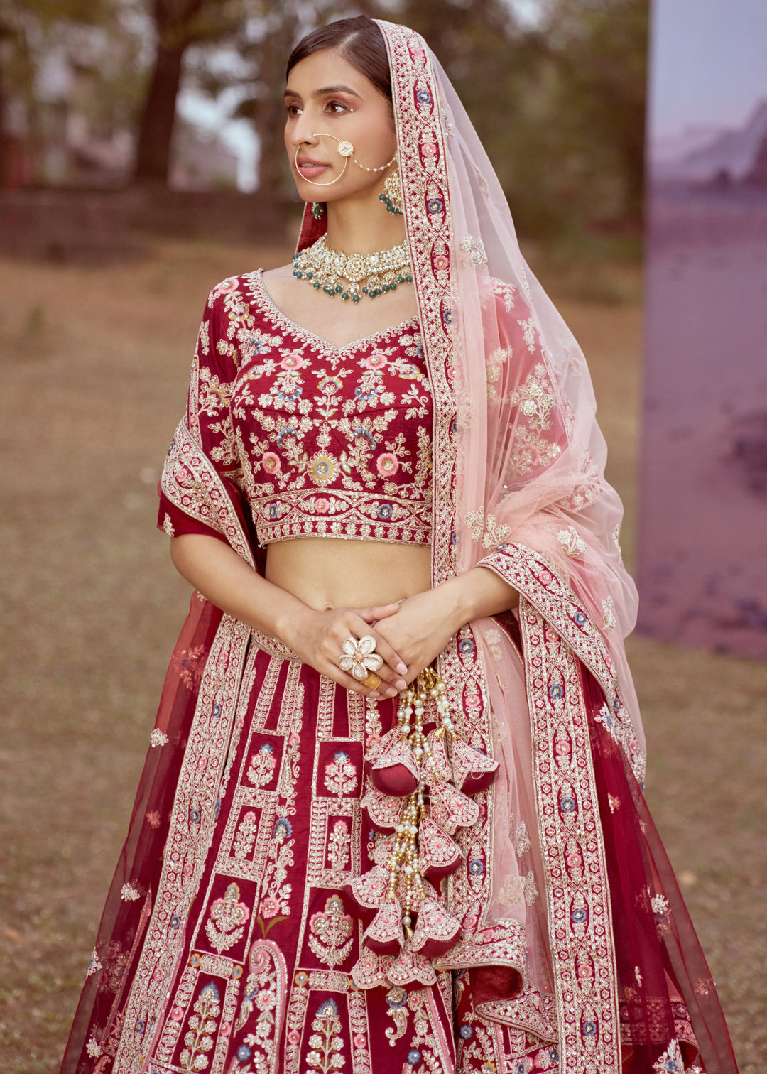 Maroon Pure Silk Moti, Sequins Embroidery Bridal Lehenga