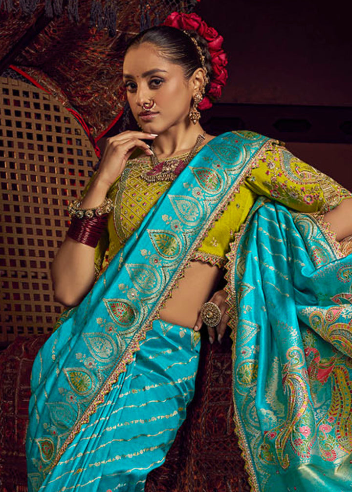 Cyan Blue Pure Viscose Dola Silk Saree With Handwork On Blouse And Pallu