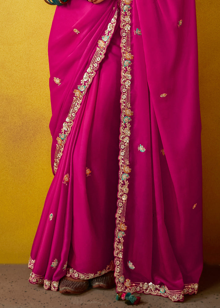 Barbie Pink Glass Tissue Silk Saree With Sequins And Thread Embroidered Work