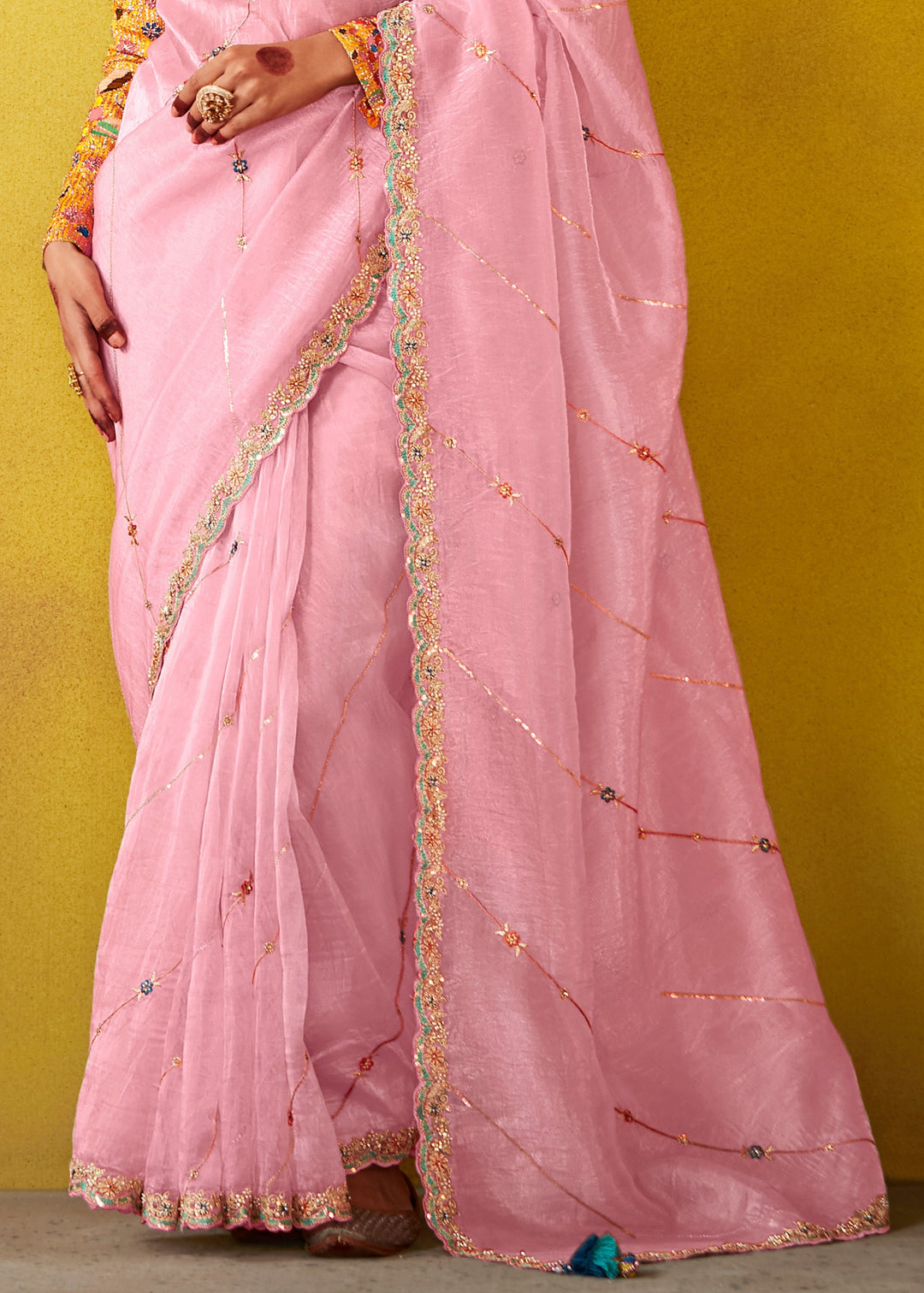 Soft Pink Glass Tissue Silk Saree With Sequins And Thread Embroidered Work