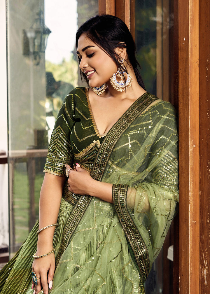 Mehendi Green Chinon Silk Lehenga With Sequence and Thread Embroidery Work