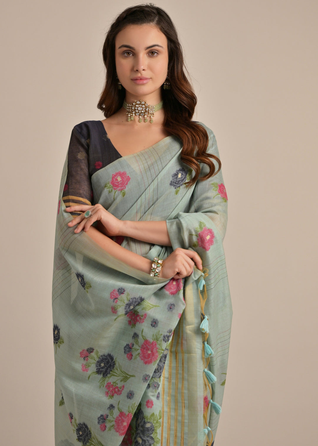 Cadet Blue Thread Woven Cotton Saree With Contrast Blouse