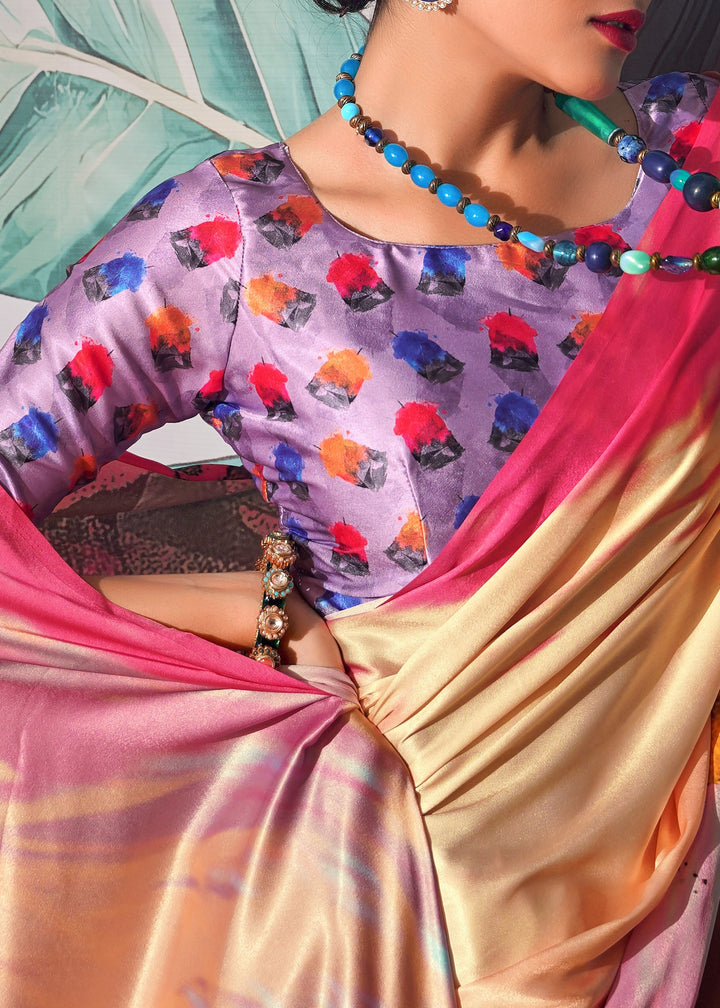 Peach with Multicolour Satin Crepe With Digital print