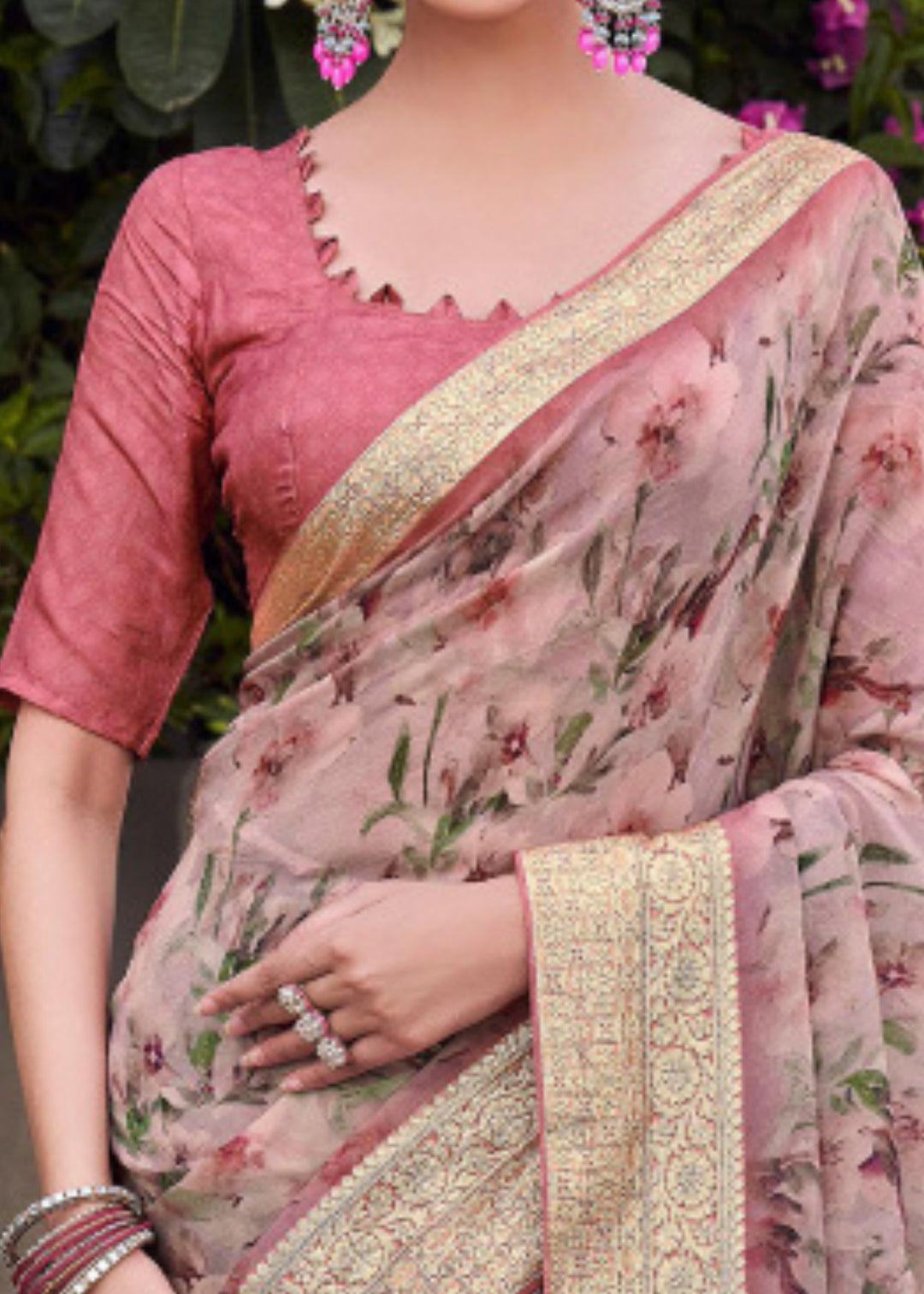 Pinkish Beige Floral Printed Silk Saree with Contrast Blouse