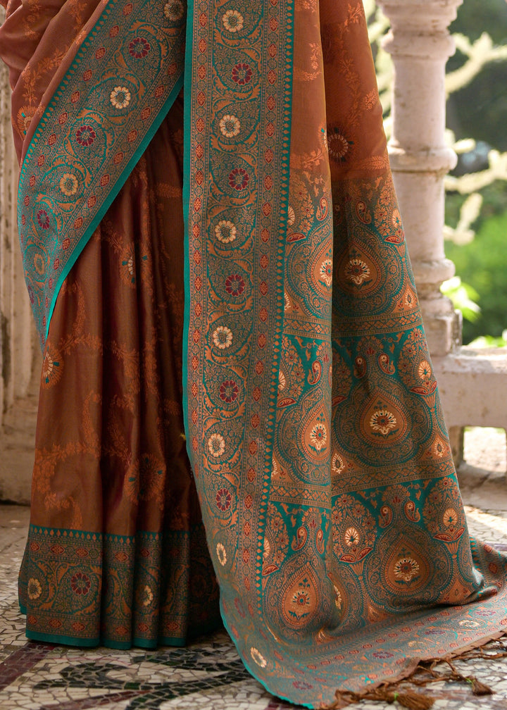 Coffee Brown All Over Flower Printed Zari Woven Banarasi Silk Saree With Contrast Pallu