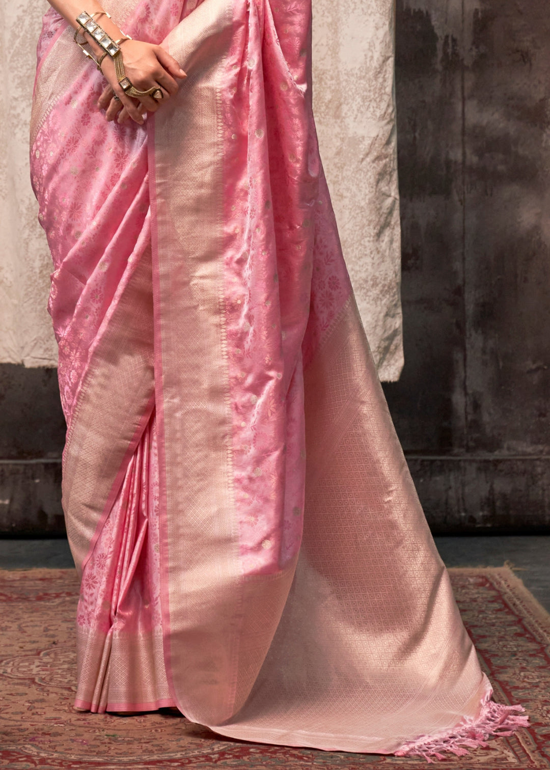 Baby Pink Pure Satin Handloom Weaving Silk Sarees